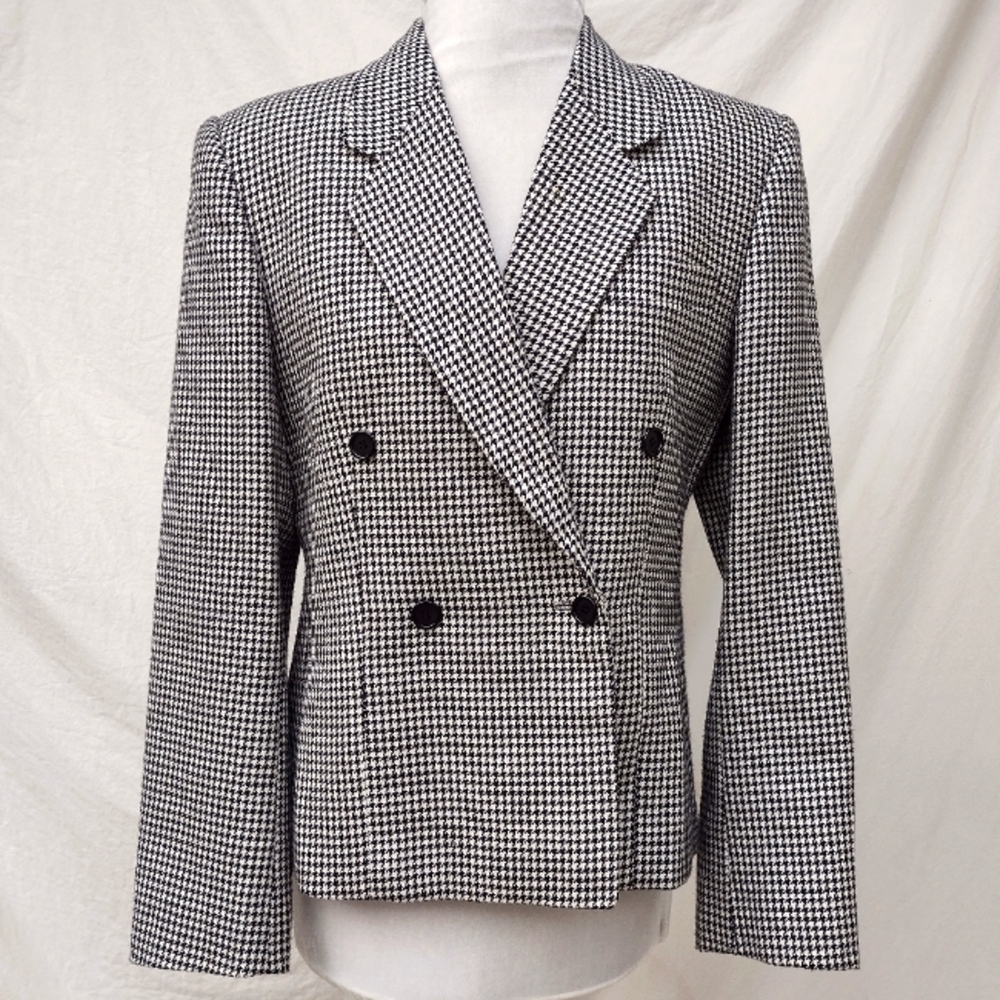 PARIS Hand Tailored Black White Houndstooth Double-breasted Blazer Women's Small